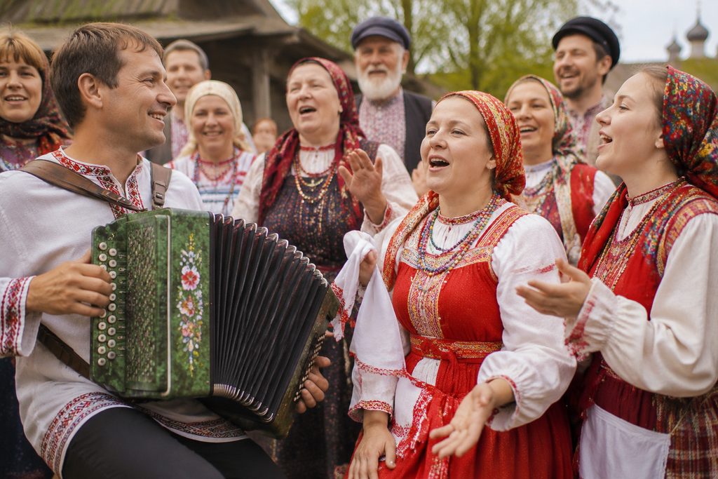 Народное гулянье: гармонь, задорное пение частушек хором на празднике