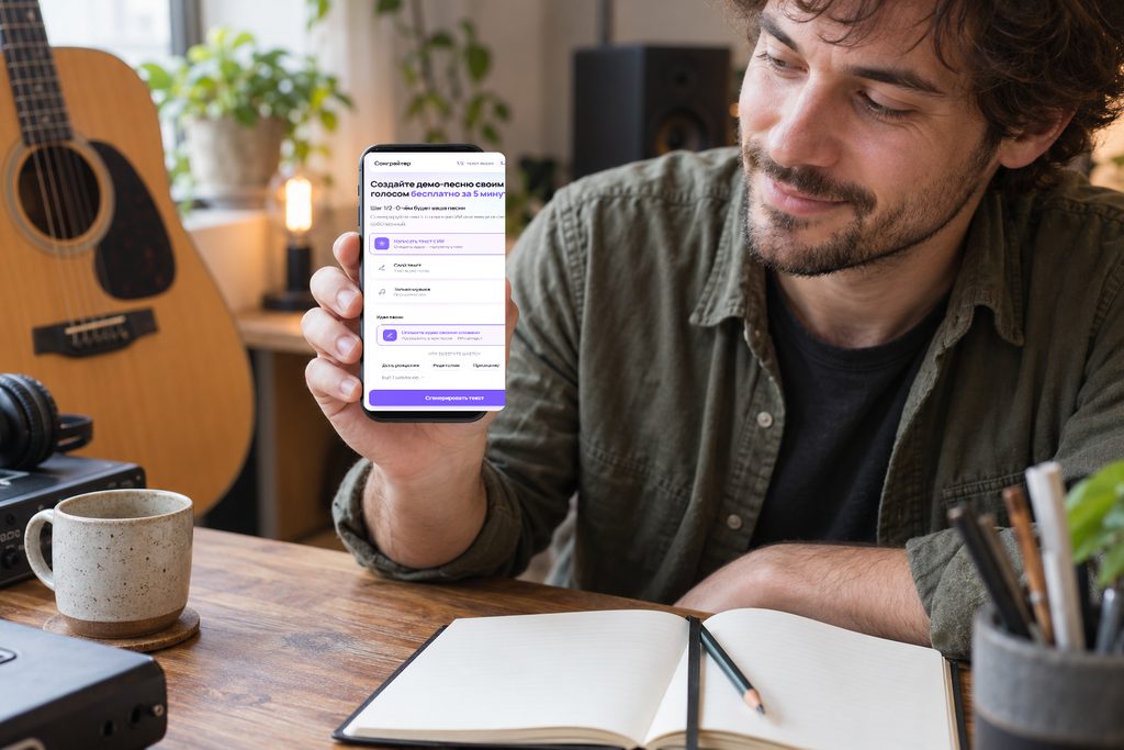 Автор песни проверяет припев в Сонграйтере на смартфоне