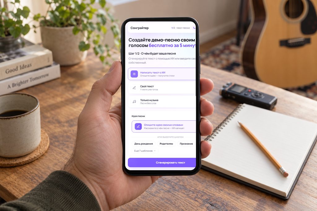 Настоящий экран Сонграйтера на смартфоне рядом с черновиком текста песни