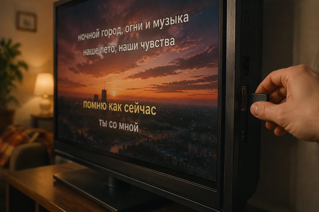 Флешка с караоке-видео вставлена в USB-порт телевизора