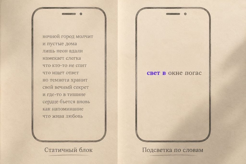 Караоке с текстом — два варианта: статичный блок и подсветка по словам