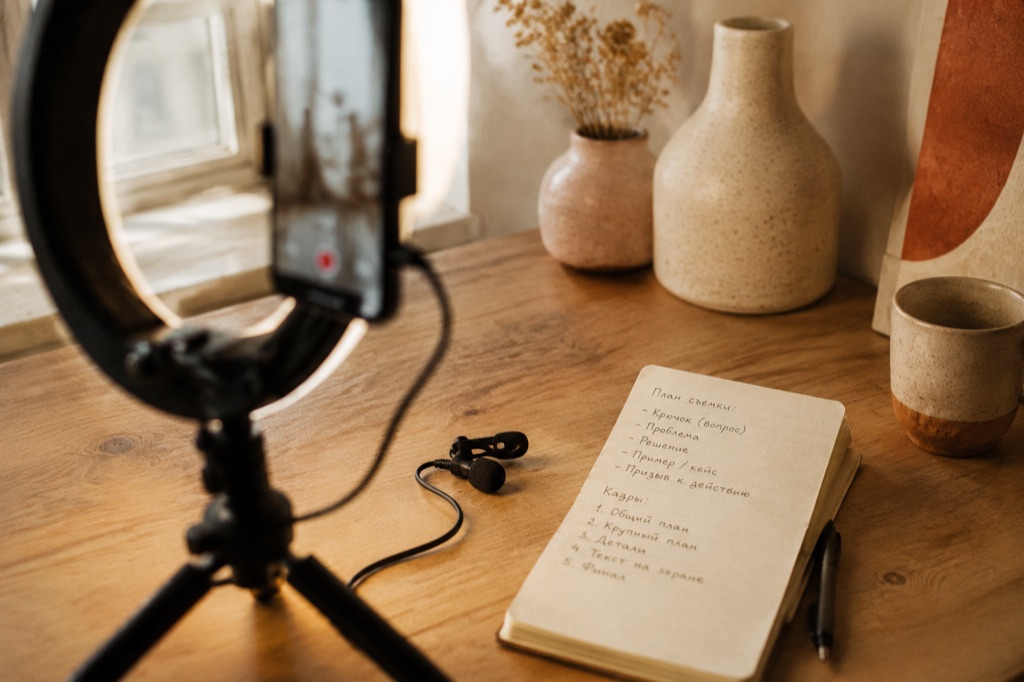 Смартфон на штативе с ring-light и лавалье микрофон с блокнотом плана съёмки — нейросеть собирает музыку под рилсы и вертикальные ролики