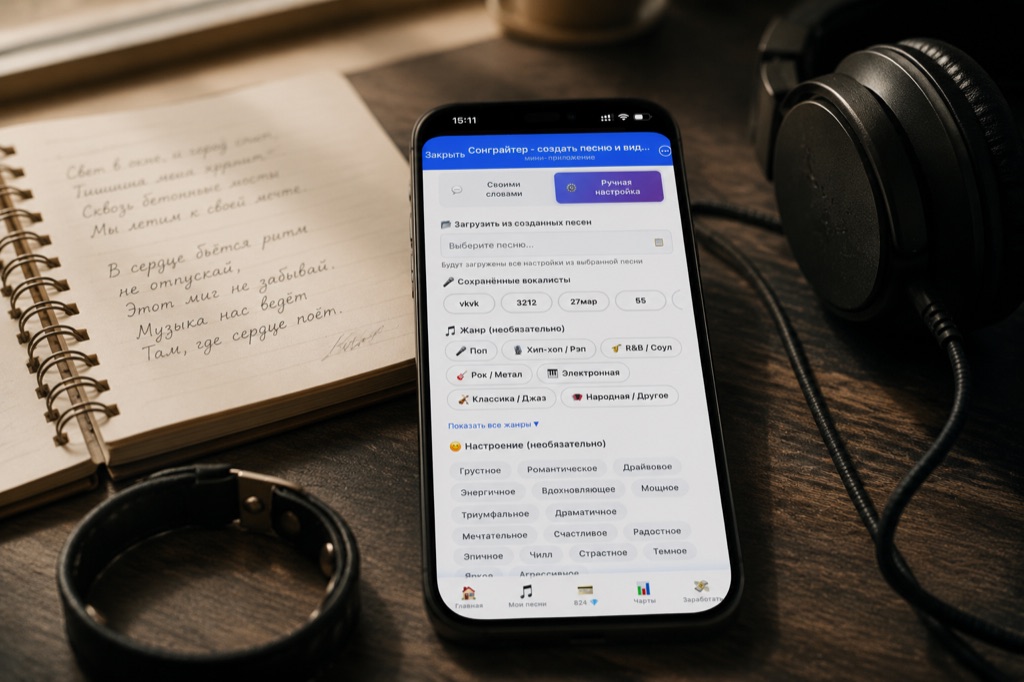 Экран Сонграйтера на смартфоне с выбором жанра «Хип-хоп / Рэп» рядом с рэп-блокнотом и наушниками — пошаговая инструкция создания рэп-трека