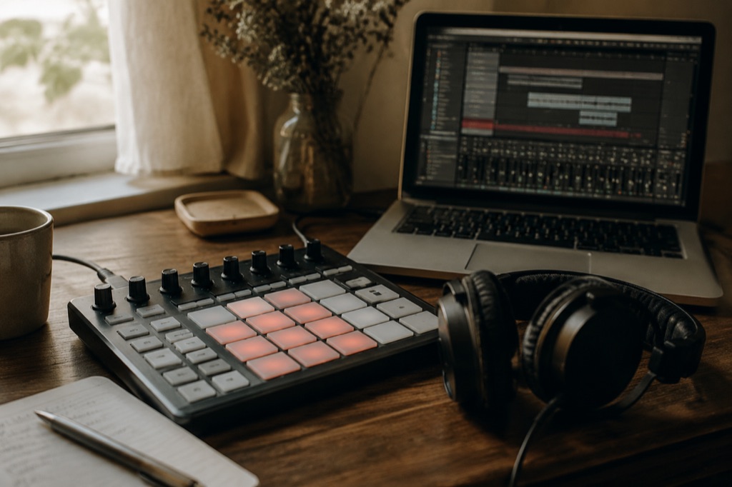MIDI-контроллер с подсвеченными кнопками и ноутбук с таймлайном DAW на столе — выбор поджанра рэпа в нейросети для битов