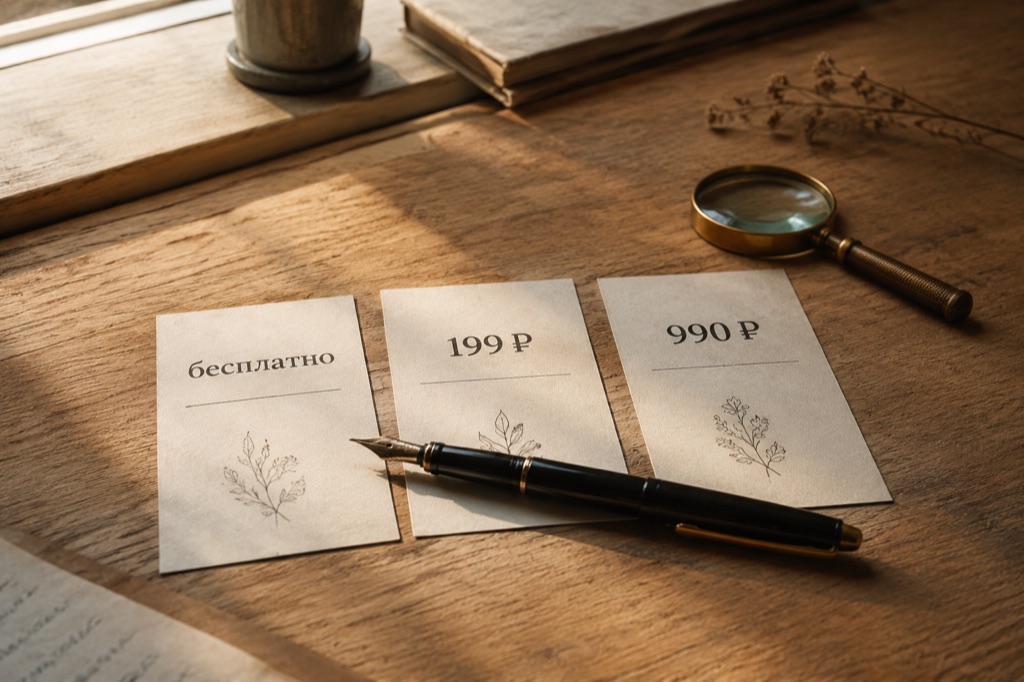 Три ценовые карточки на деревянном столе: «бесплатно», «199 ₽», «990 ₽» — сравнение тарифов нейросетей для музыки