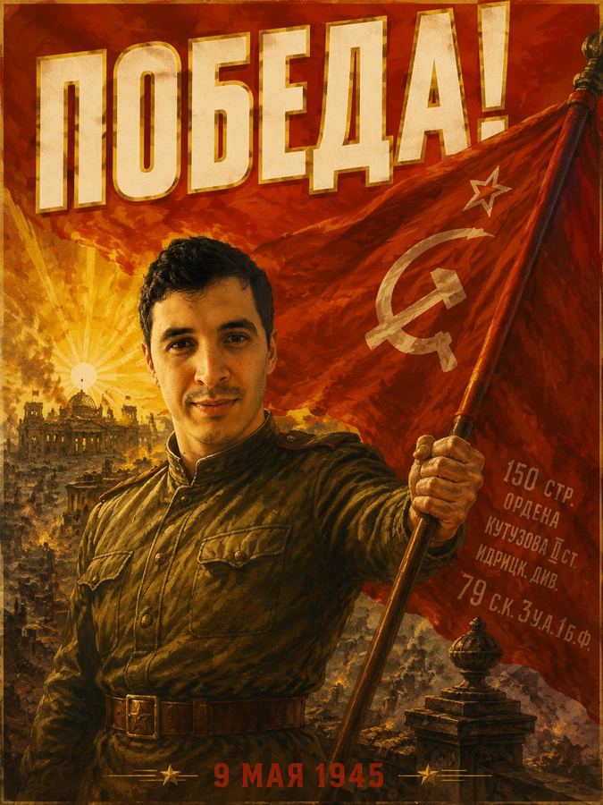 Победитель со Знаменем Победы над Рейхстагом, надпись «ПОБЕДА!»