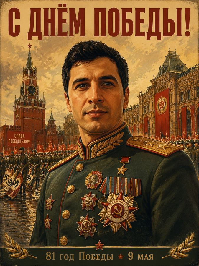 Маршал в парадном кителе с орденами на фоне Кремля и Парада Победы