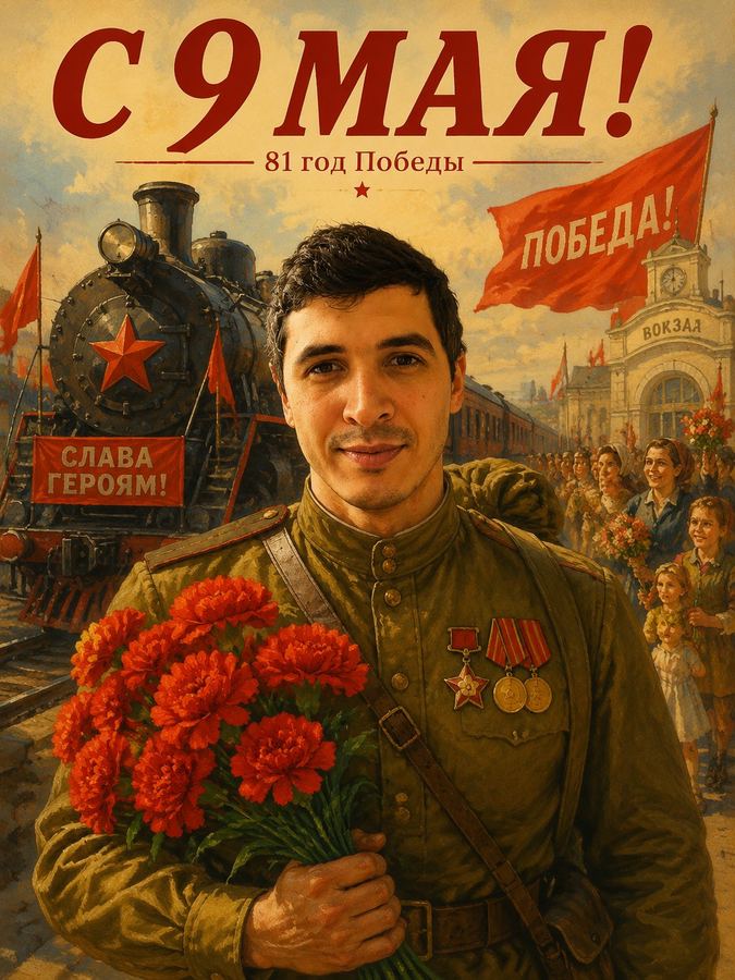 Возвращение домой: гимнастёрка, гвоздики, паровоз, надпись «С 9 МАЯ!»