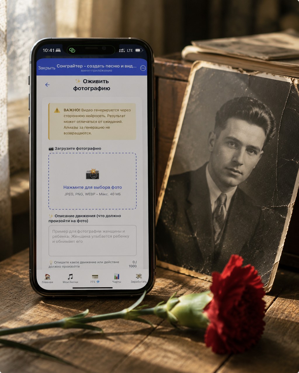Оживить фото в Сонграйтере: интерфейс анимации портрета