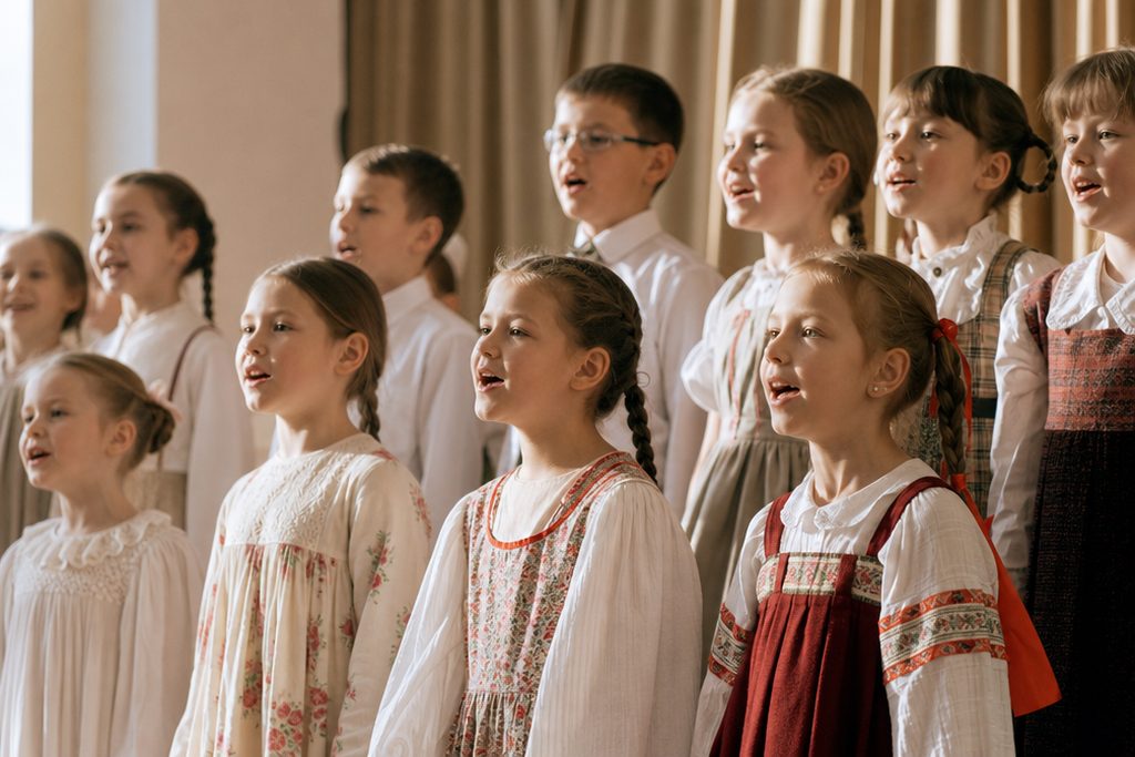 Детский хор поёт на школьной сцене
