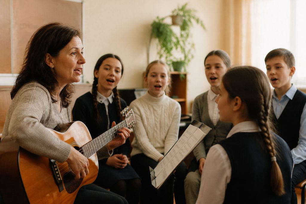 Учитель музыки и школьники репетируют песню в классе