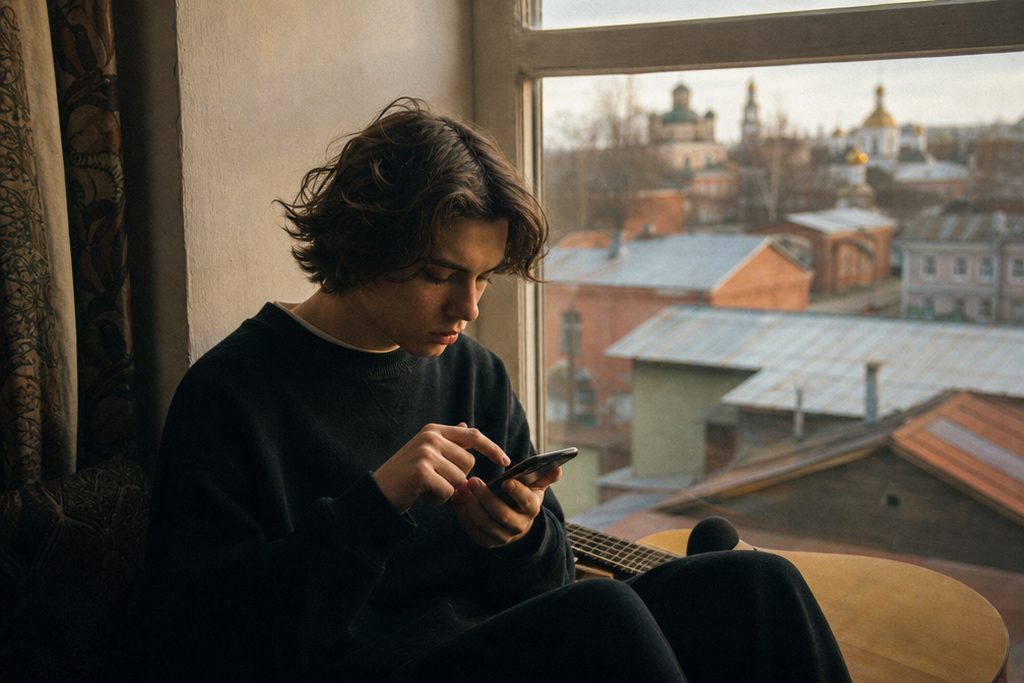 Человек сочиняет песню о родном городе дома