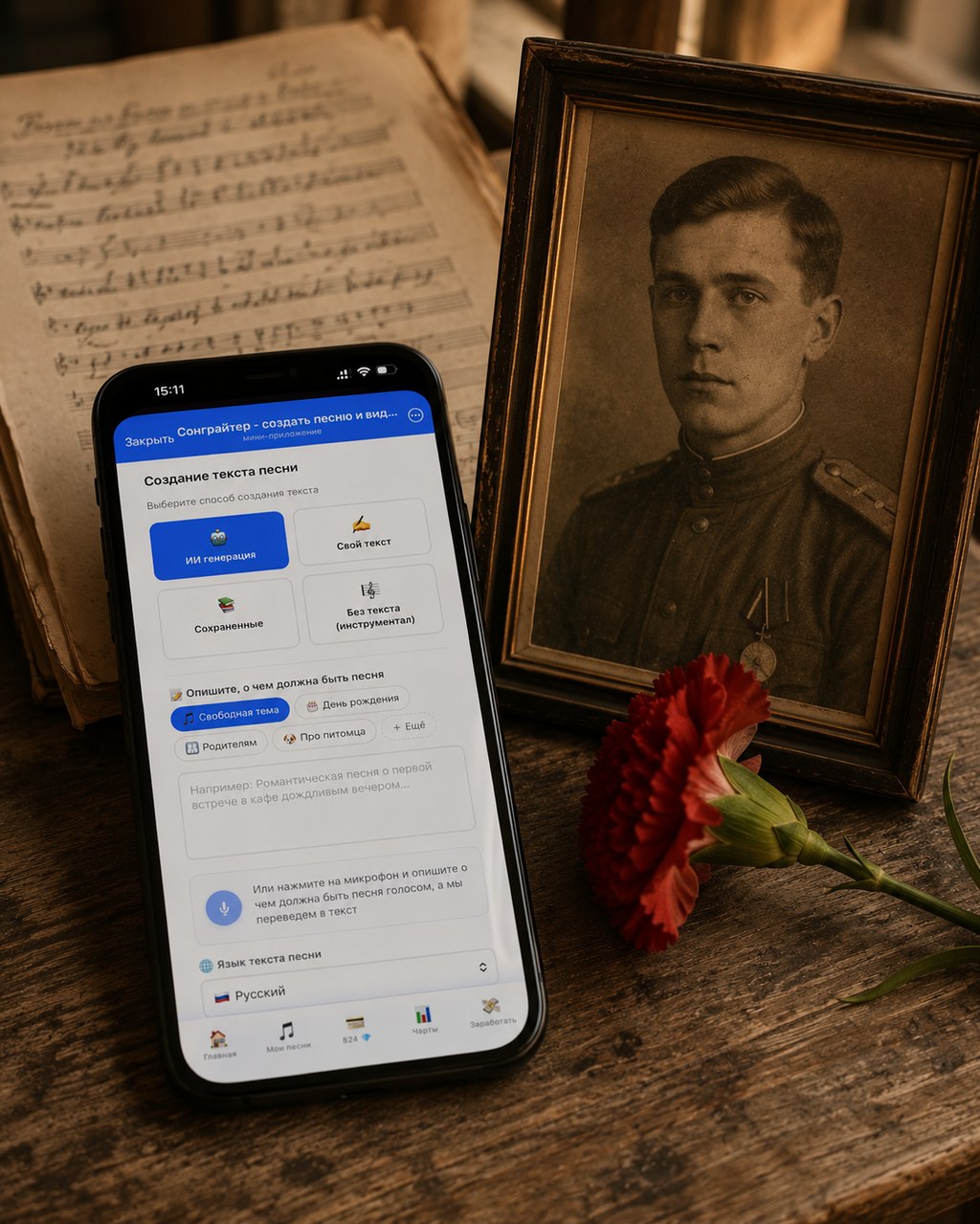 Смартфон с открытым разделом «Создать песню» в Сонграйтере на столе рядом со старой сепия-фотографией прадеда и красной гвоздикой