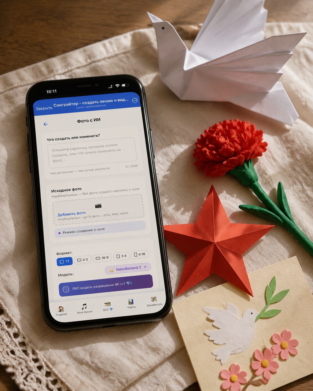 Смартфон с открытым разделом «Картинки» в Сонграйтере на столе с готовыми бумажными поделками — голубем, звездой и пластилиновой гвоздикой