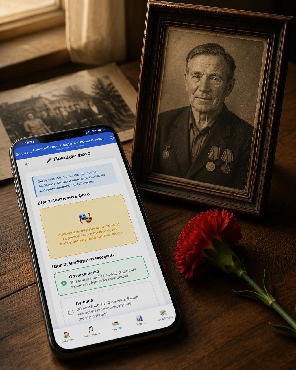 Поющее фото в Сонграйтере: интерфейс синхронизации лица под аудио