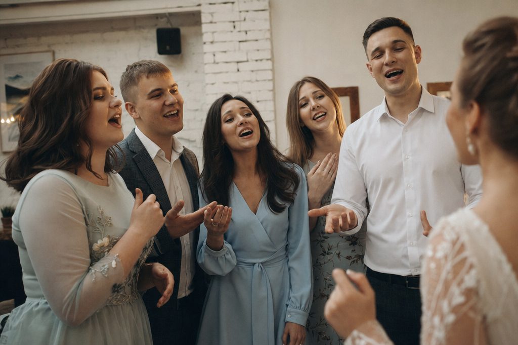 Друзья поют на свадьбе