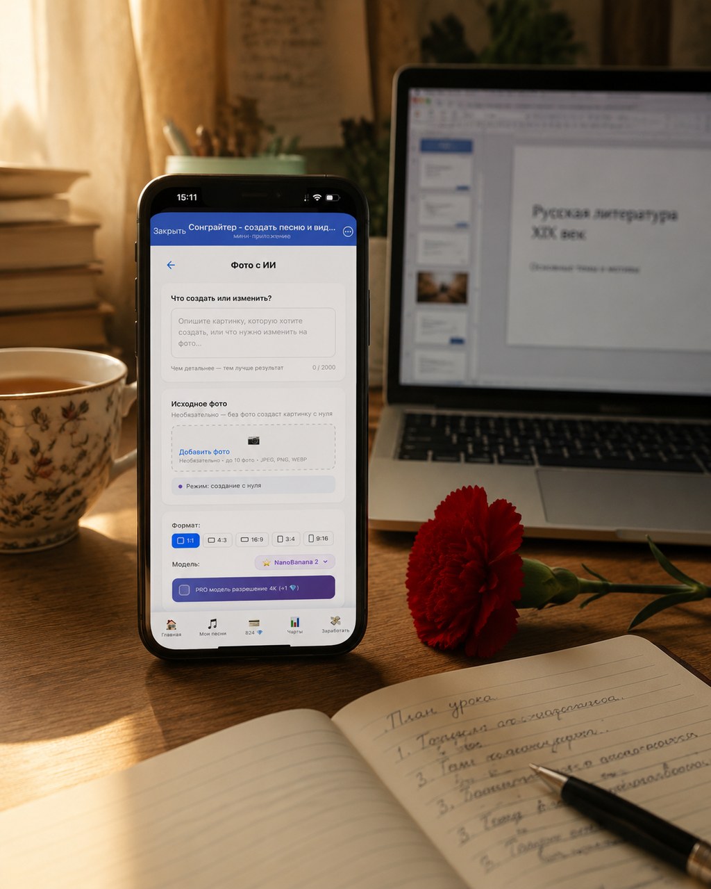 Смартфон с открытым разделом «Картинки» в Сонграйтере на письменном столе учителя рядом с открытым ноутбуком и презентацией