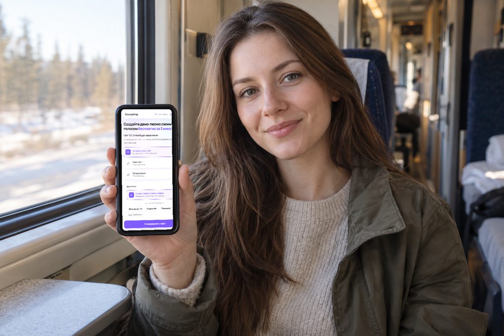 Экран Сонграйтера на смартфоне в руках пассажирки поезда