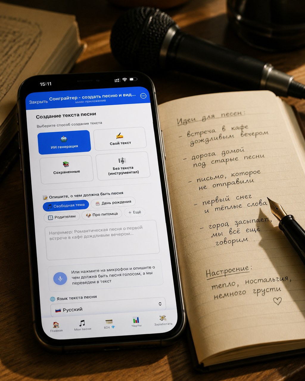 Интерфейс генерации песни — где писать промпты для Suno на русском