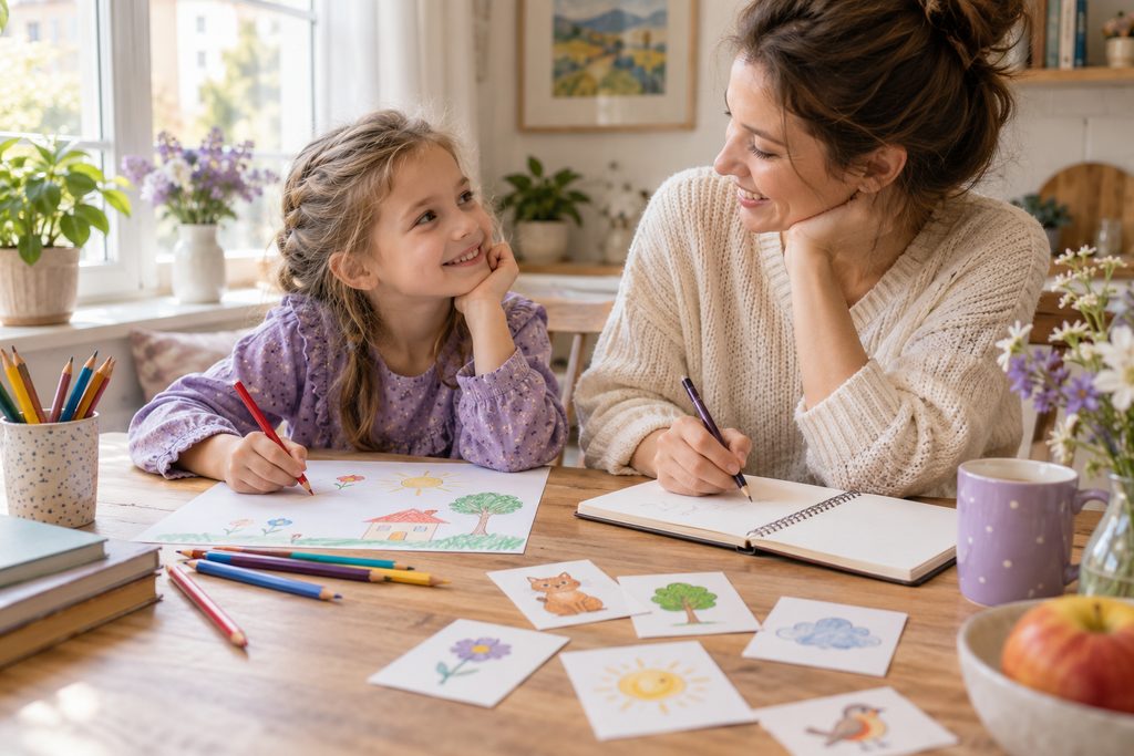 Ребёнок рисует, а взрослый записывает идею для первой рифмованной истории