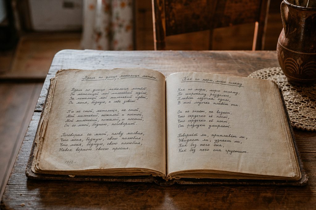 Открытый старый песенник с рукописными словами