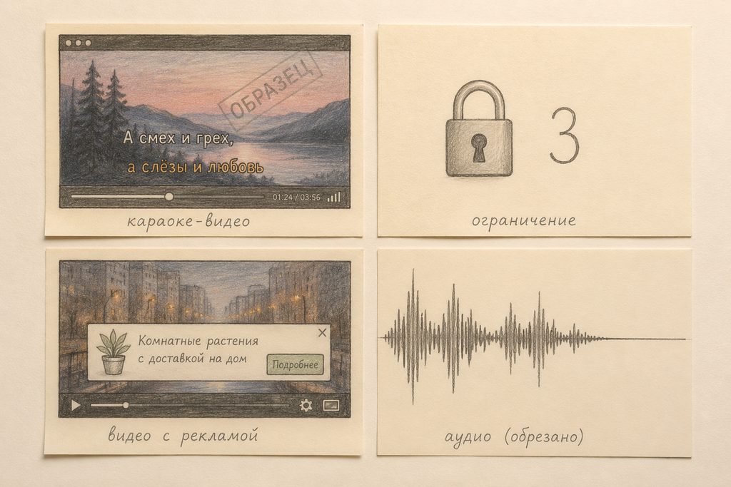 Четыре подвоха «бесплатного» караоке: водяной знак, лимит, реклама и обрезанный минус