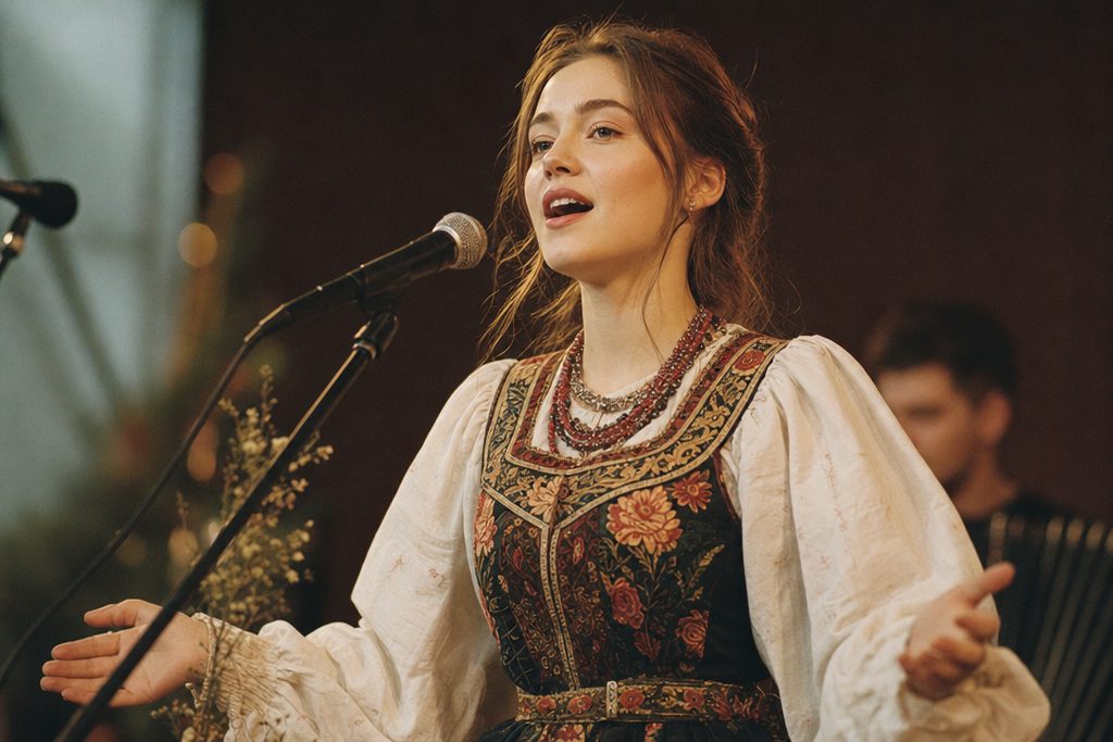 Молодая фолк-певица в стилизованном наряде на сцене