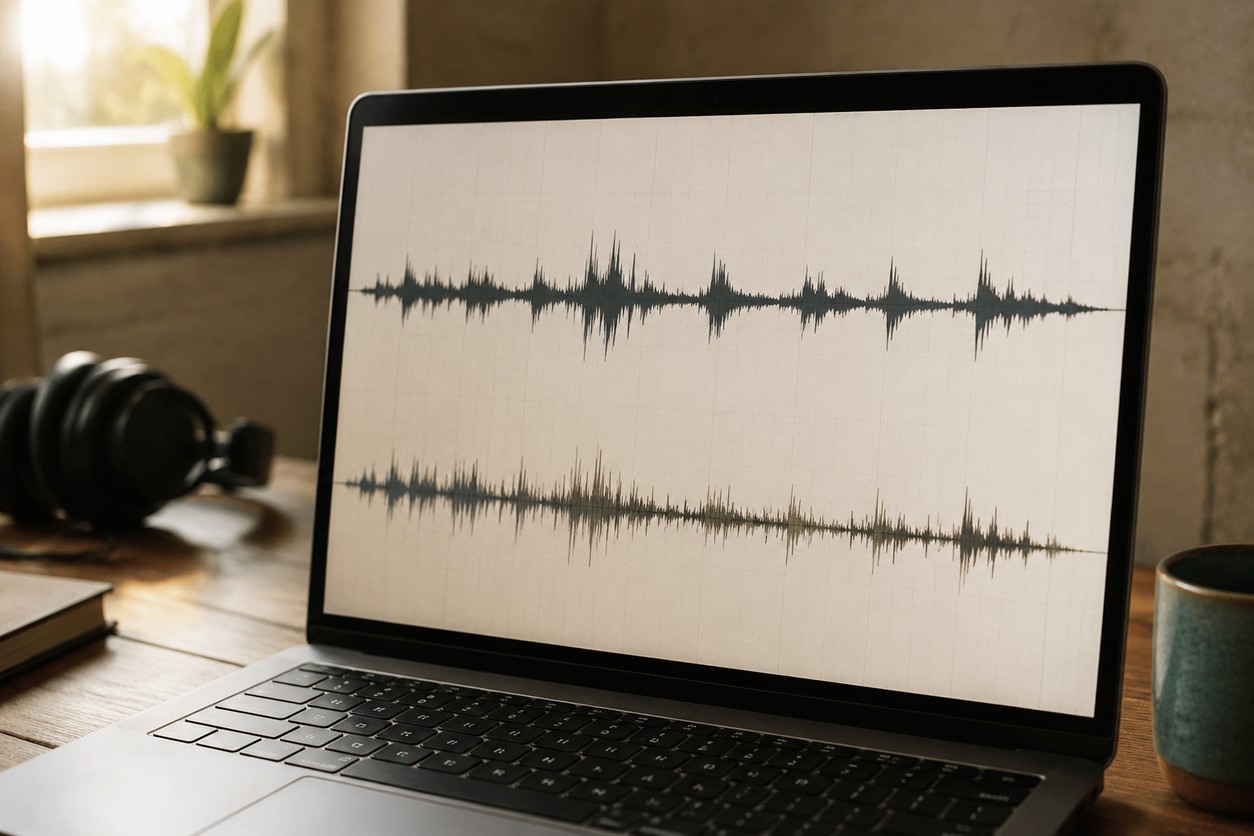 Две аудиоволны на экране: верхняя чистая, нижняя с подписью «остатки вокала на громких нотах»