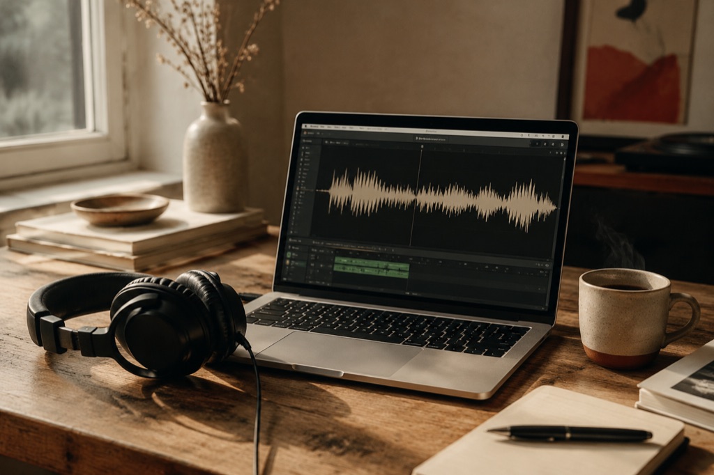 Открытый ноутбук с аудио-waveform на экране и наушники на деревянном столе — Udio генерирует музыку с детализированным звуком