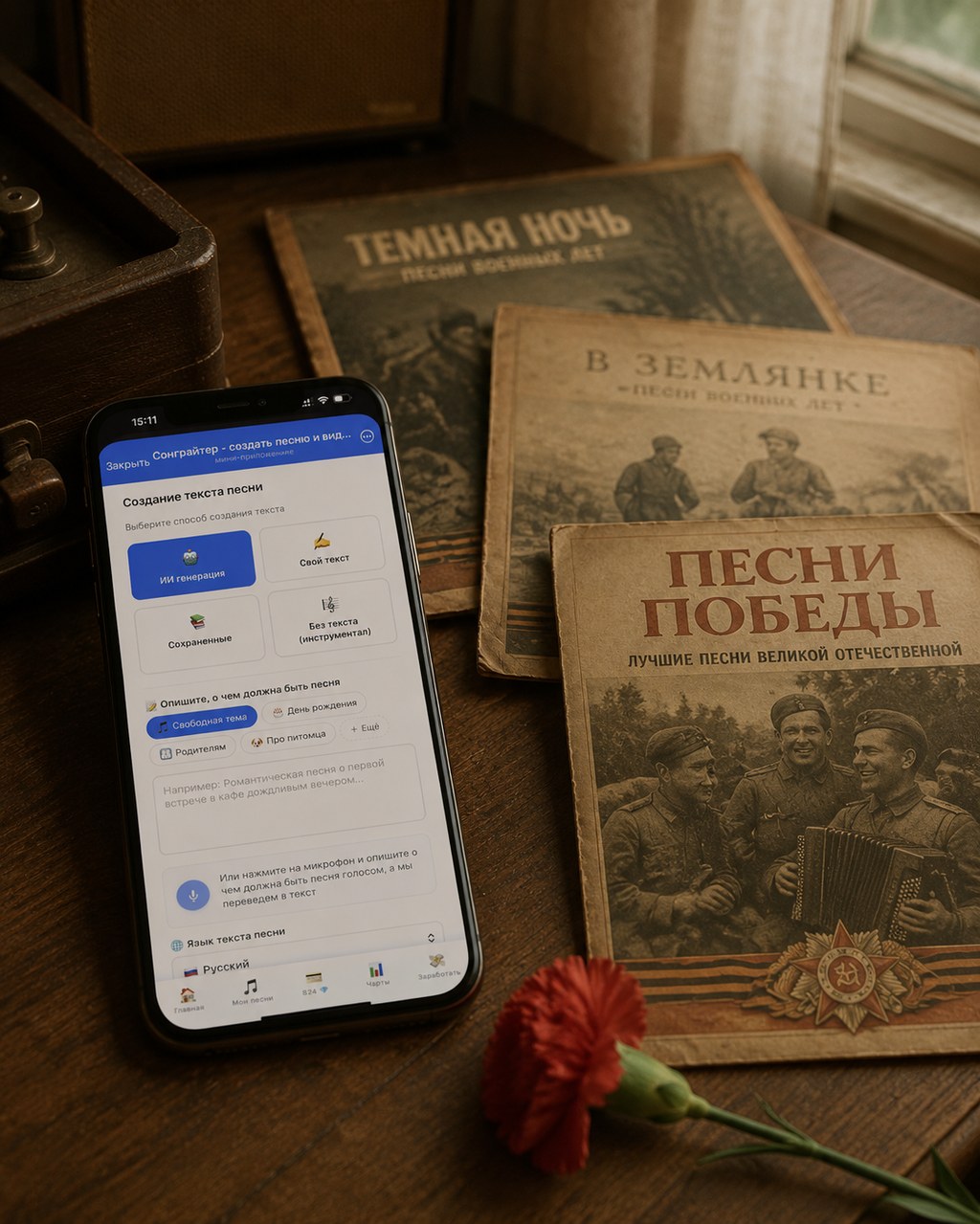 Создание песни в Сонграйтере: интерфейс описания идеи и выбора стиля