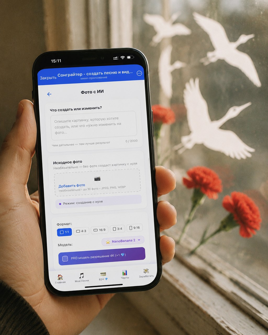 Смартфон с открытым разделом «Картинки» в Сонграйтере на фоне окна с белыми бумажными вытынанками-журавлями