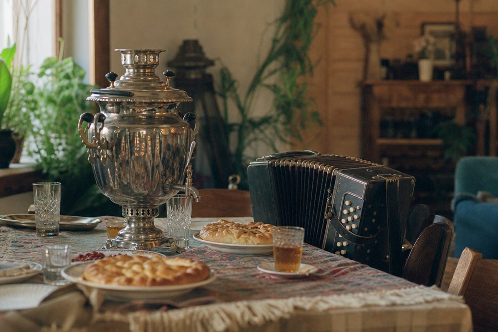 Праздничный стол с самоваром и гармонью