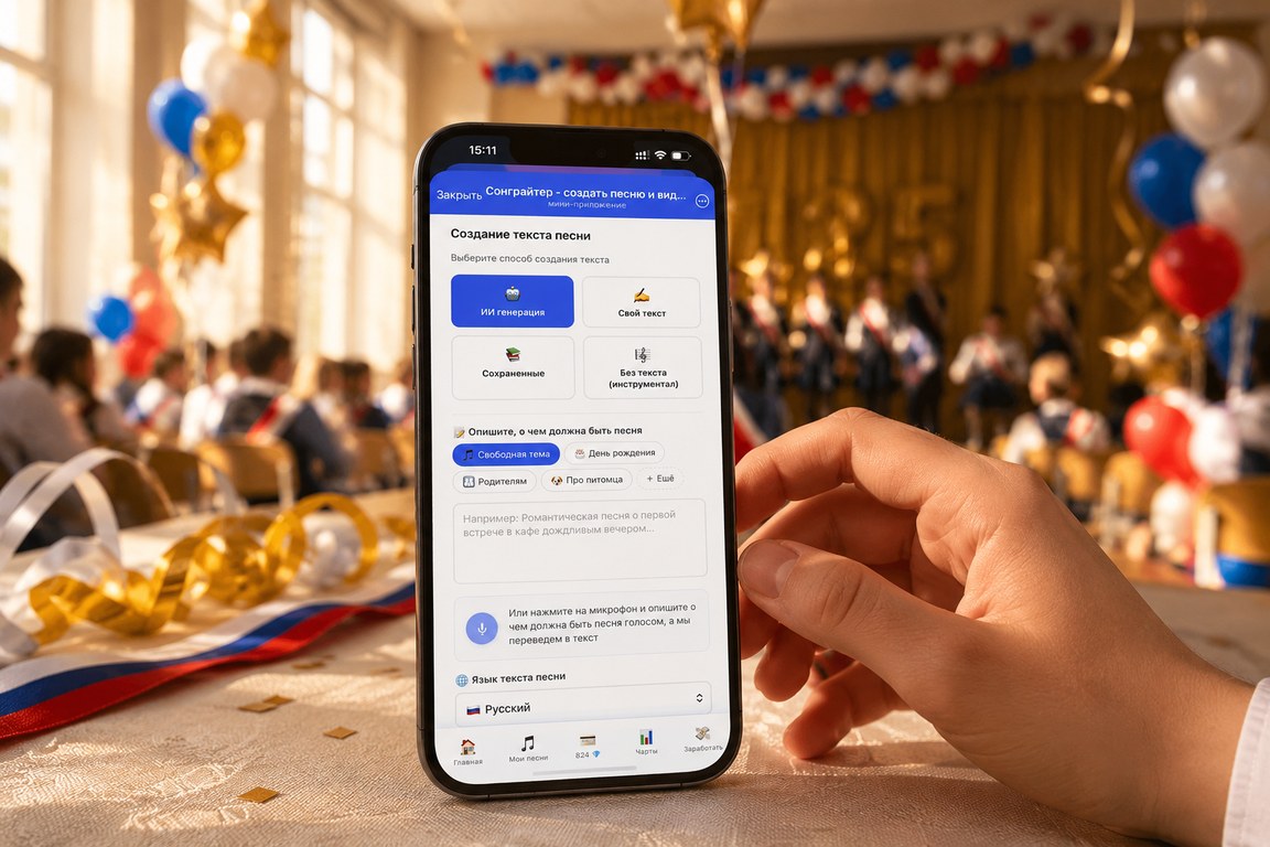 Создание песни на выпускной в Сонграйтере на iPhone, рядом школьный аттестат, букет учителю и ленты выпускника