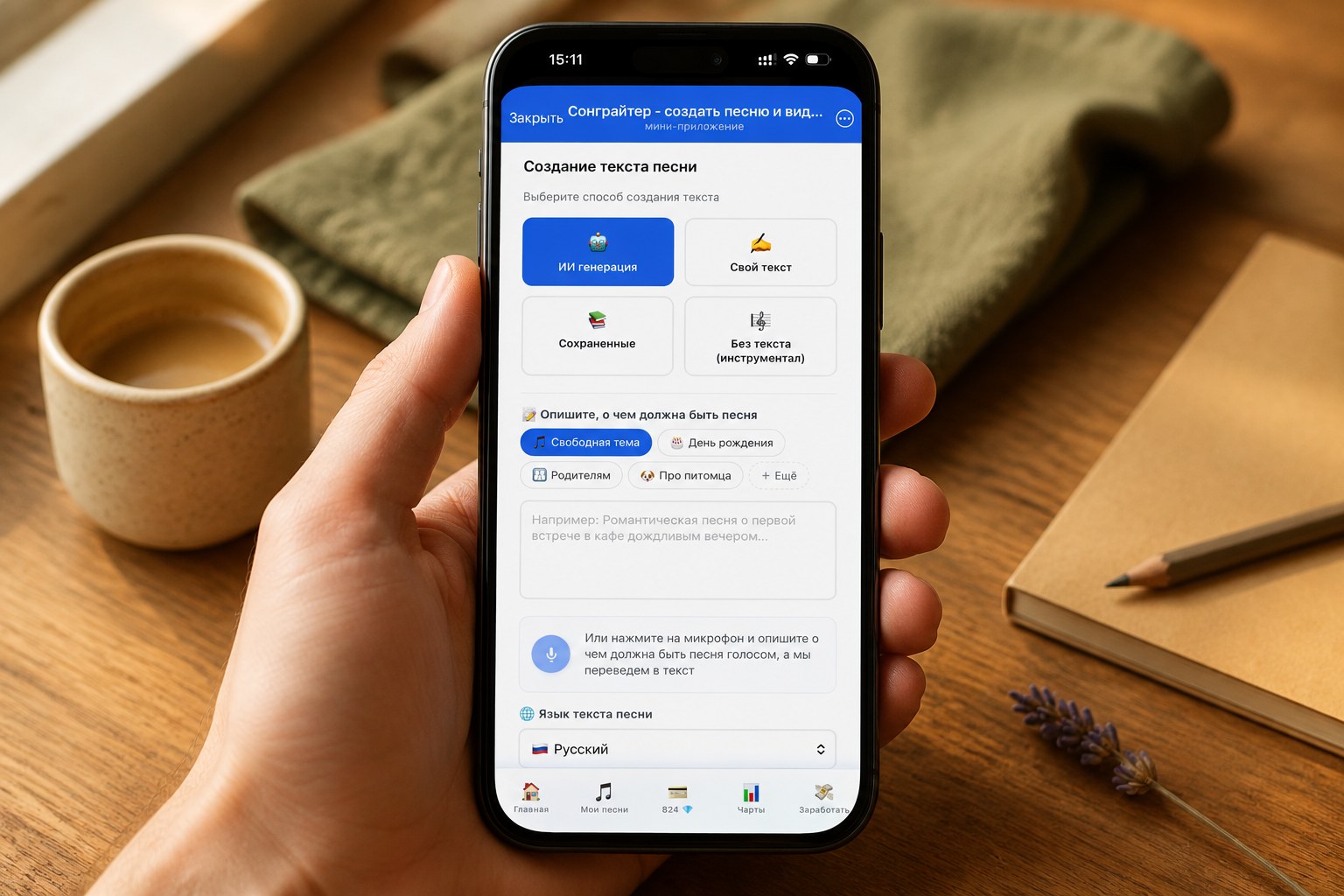 Создать песню нейросетью: главный экран Сонграйтера на iPhone